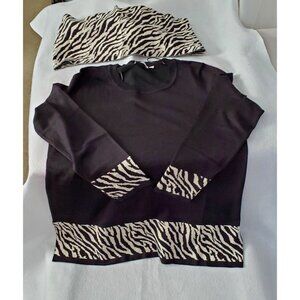 Notations Women's Sweater Black Pullover Sleeves Bottom Trimmed Zebra Print S XL